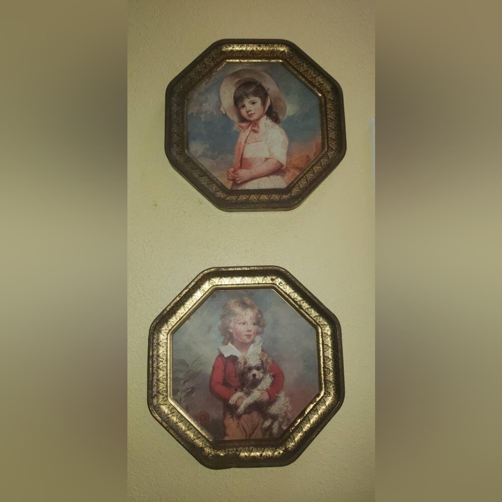 Famous French Blue boy and girl Metal Octagon Vintage Wall Hanging SET 60's 70's
